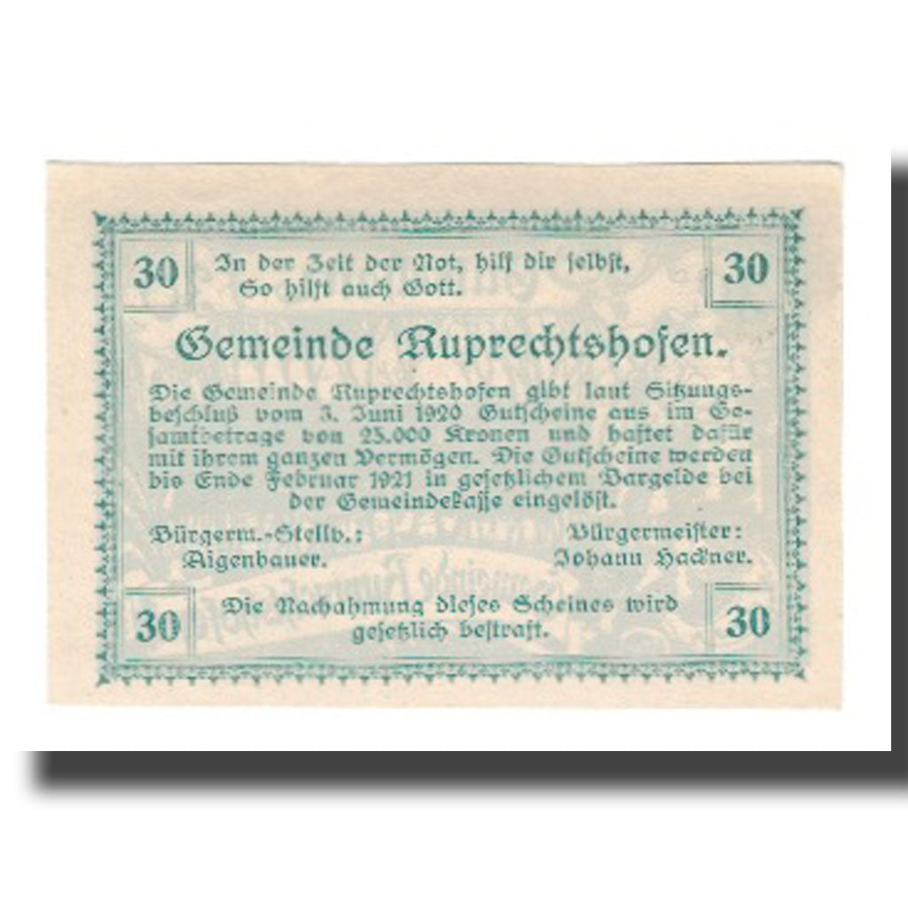 Banknot, Austria, Ruprechtshofen, 30 Heller, Texte 2, 1921, Undated, AU(55-58)
