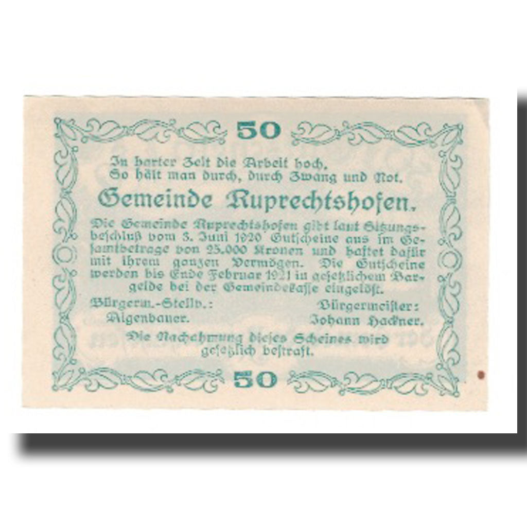 Banknote, Austria, Ruprechtshofen, 50 Heller, Texte 3, 1921, AU(55-58), Mehl:FS