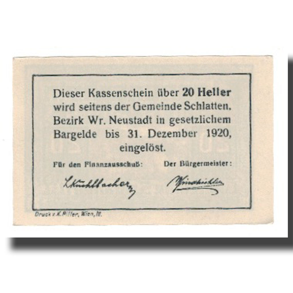 Banknot, Austria, Bromberg Gemeinde Schlatten N.Ö., 20 Heller, Texte, 1920