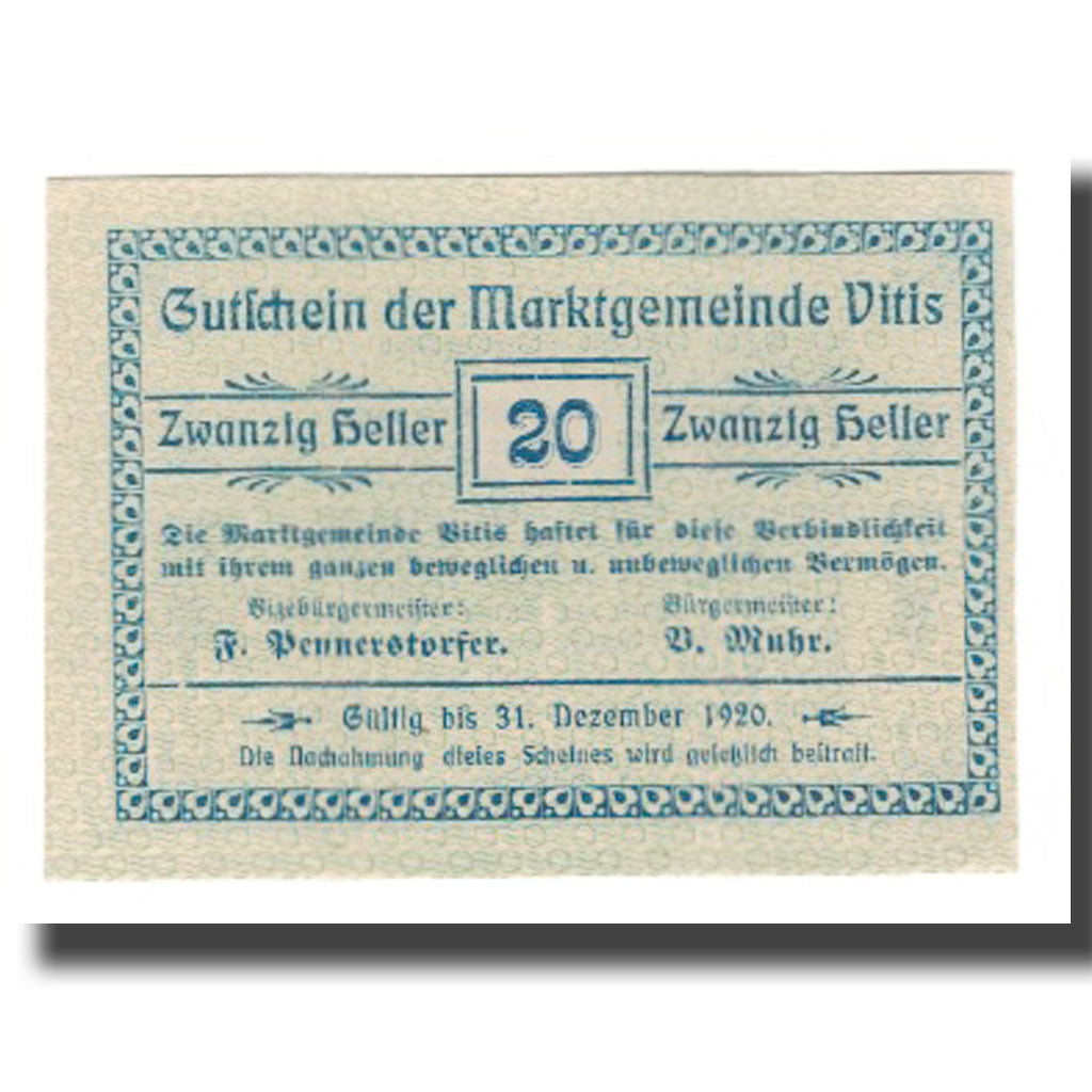Banknot, Austria, Vitis N.Ö. Marktgemeinde, 20 Heller, texte 1, 1920