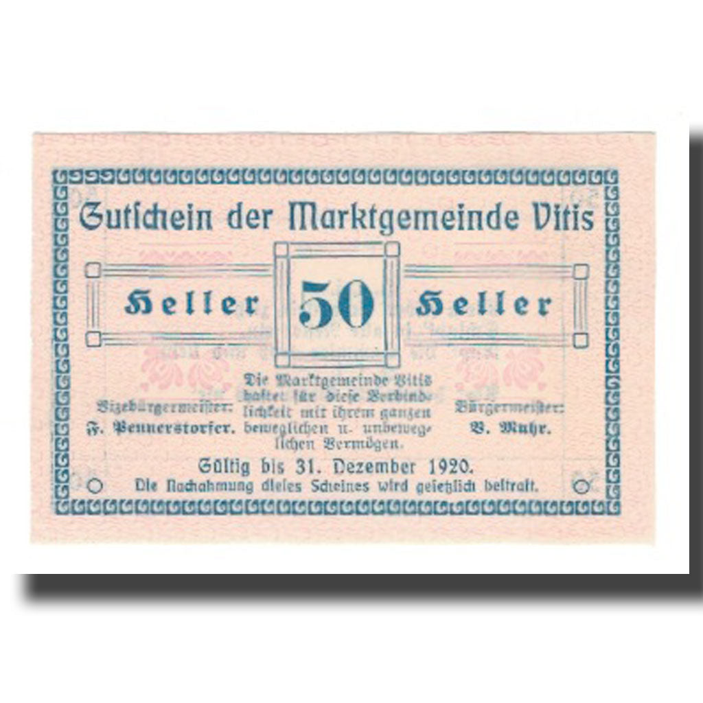 Banknot, Austria, Vitis N.Ö. Marktgemeinde, 50 Heller, Texte 2, 1920