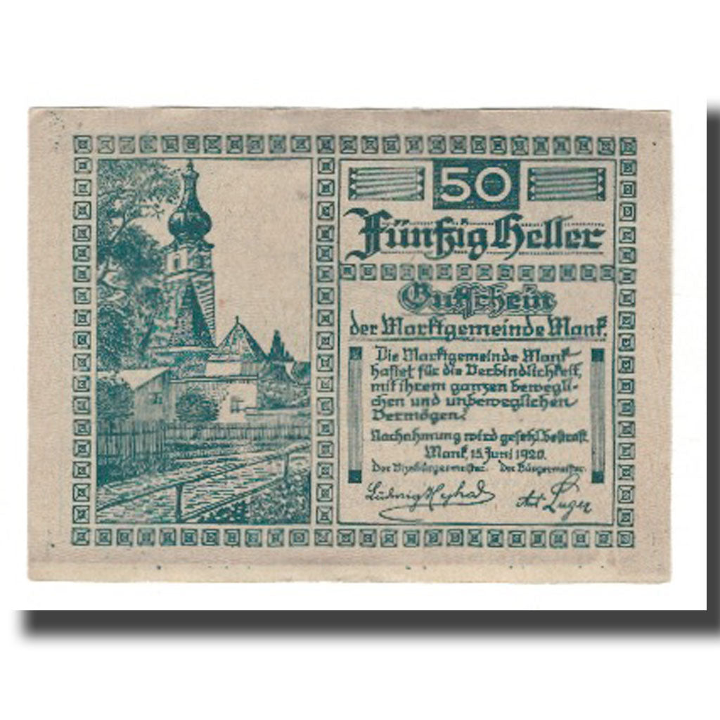 Banknote, Austria, Mank N.Ö. Marktgemeinde, 50 Heller, personnage, 1920
