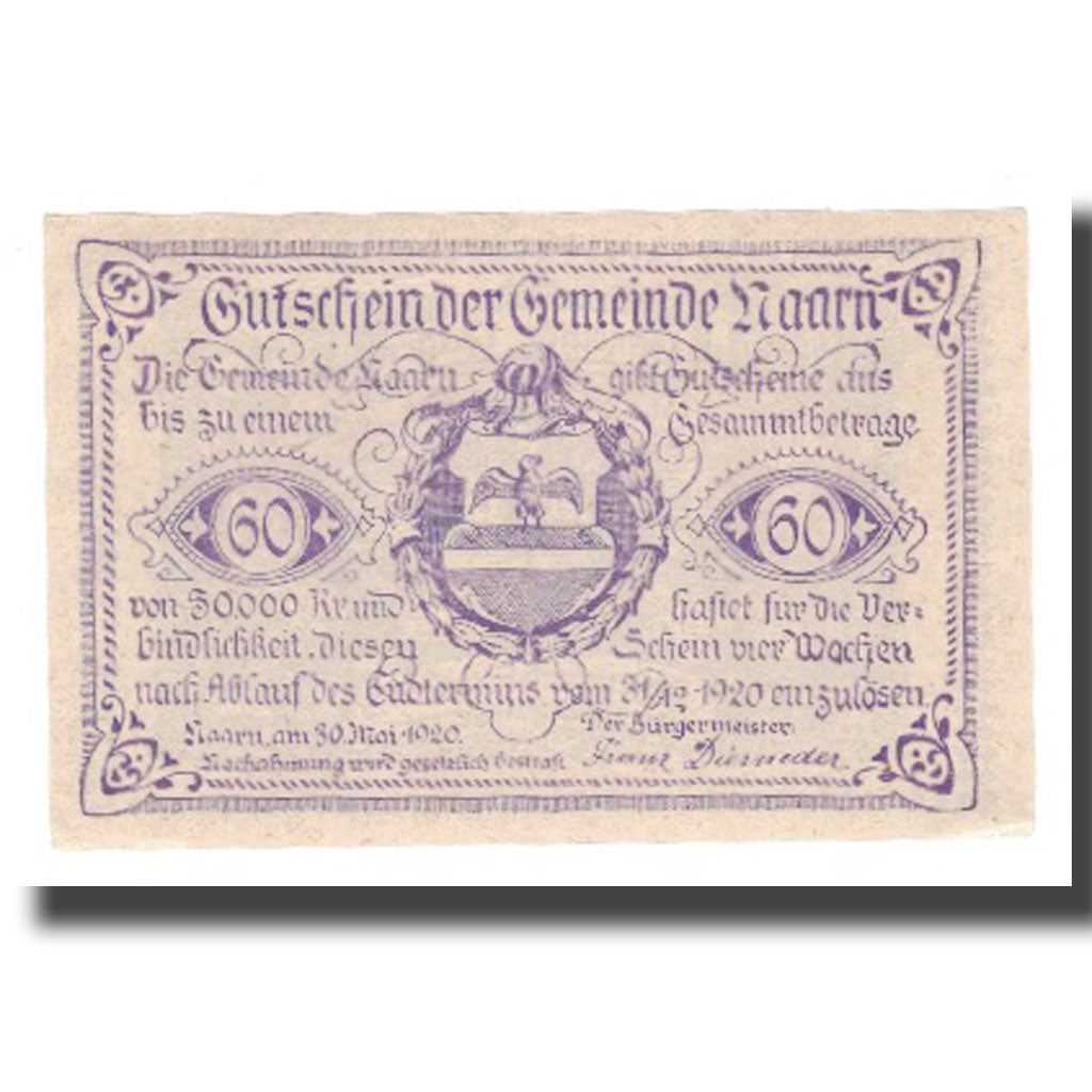 Geldschein, Österreich, Naarn O.Ö. Gemeinde, 60 Heller, paysage, 1920