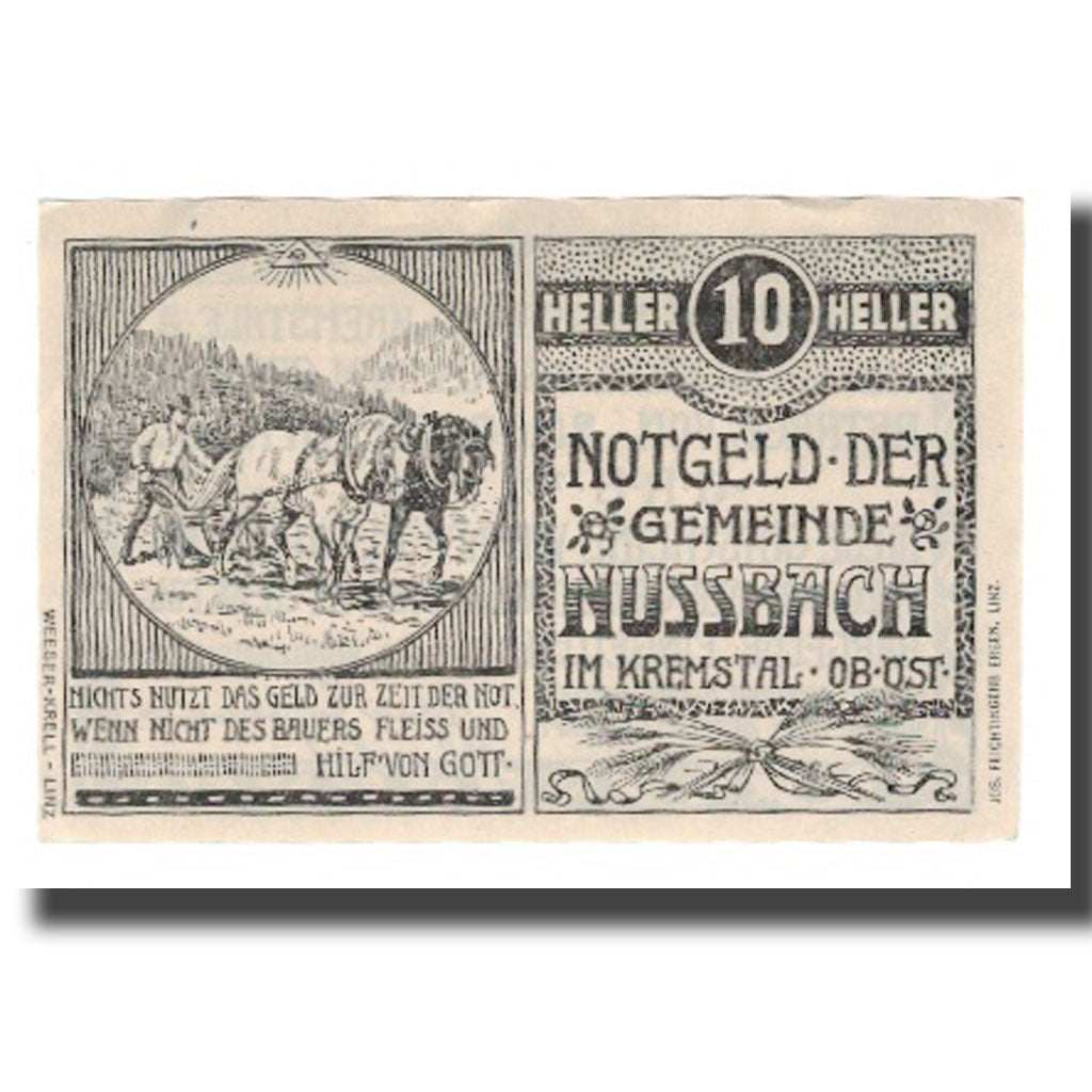 Banknote, Austria, Nussbach im Kremstal O.Ö. Gemeinde, 10 Heller, Texte, 1920