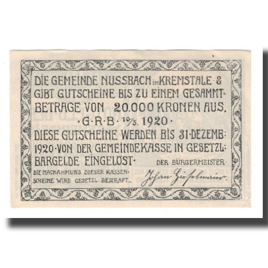 Banknote, Austria, Nussbach im Kremstal O.Ö. Gemeinde, 10 Heller, Texte, 1920