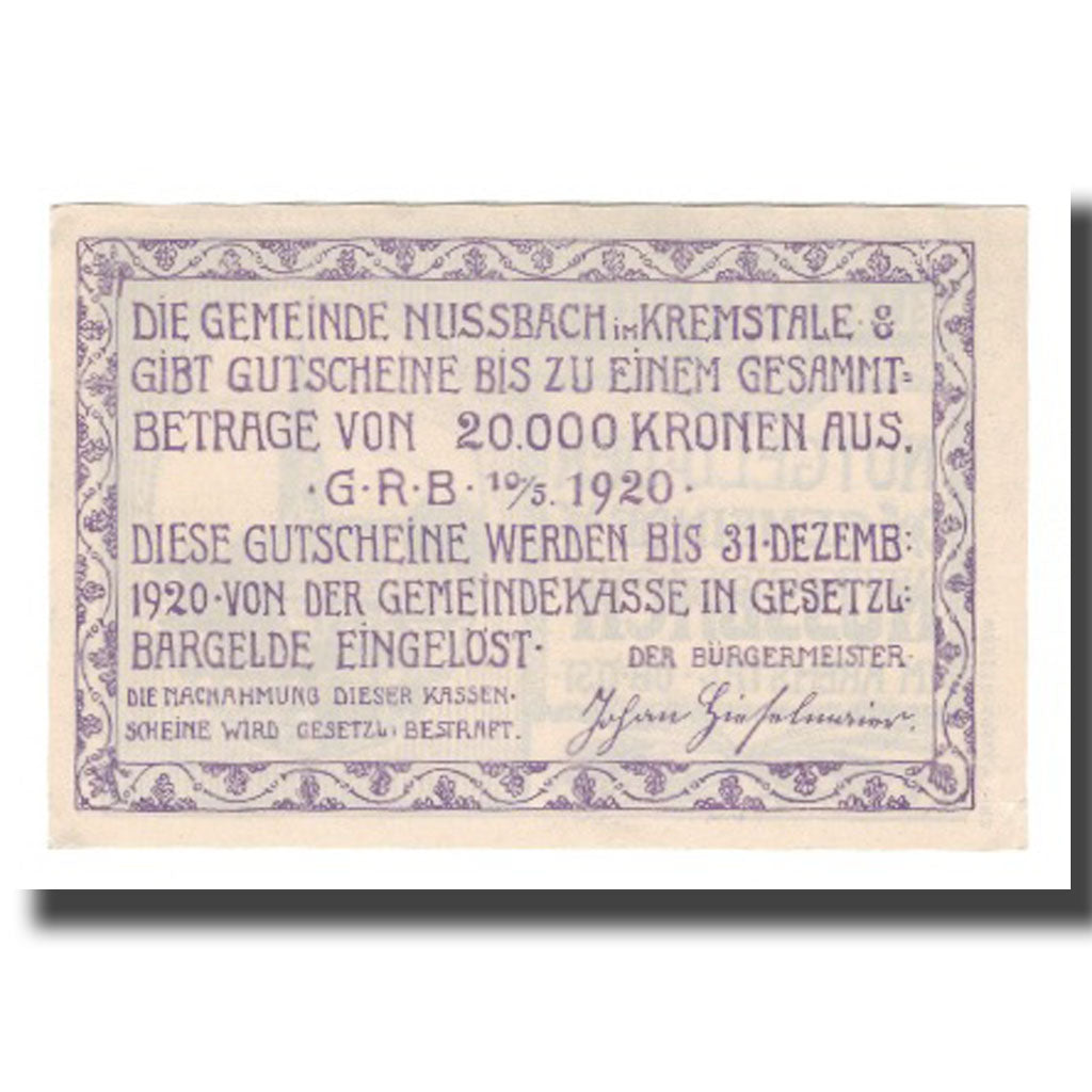 Banknot, Austria, Nussbach im Kremstal O.Ö. Gemeinde, 20 Heller, texte 1, 1920