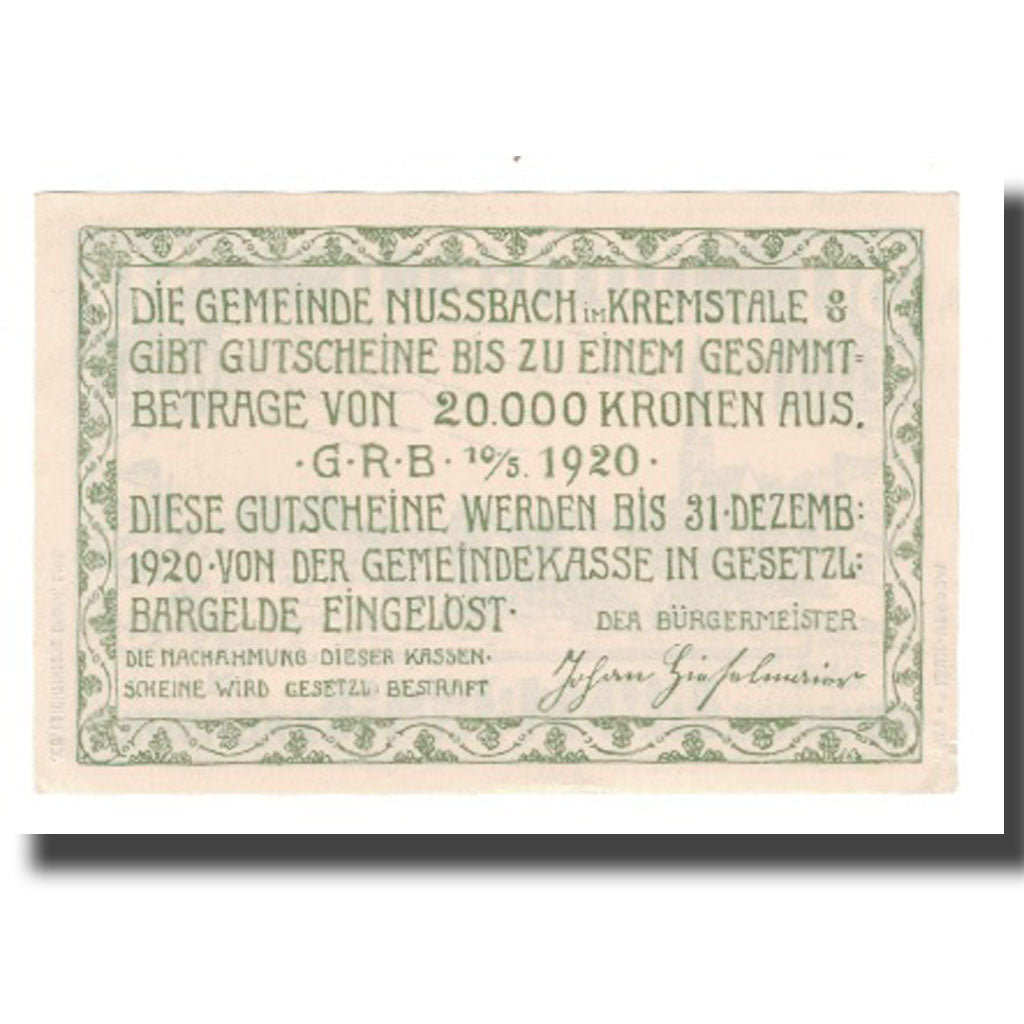 Banknote, Austria, Nussbach im Kremstal O.Ö. Gemeinde, 50 Heller, Texte 2