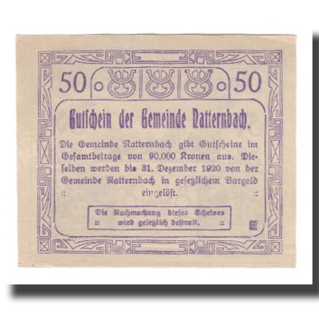 Banknot, Austria, Natternbach O.Ö. Gemeinde, 50 Heller, texte 1, 1920