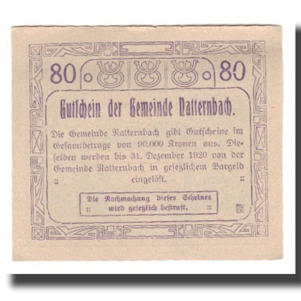 Banknot, Austria, Natternbach O.Ö. Gemeinde, 80 Heller, Texte 3, 1920