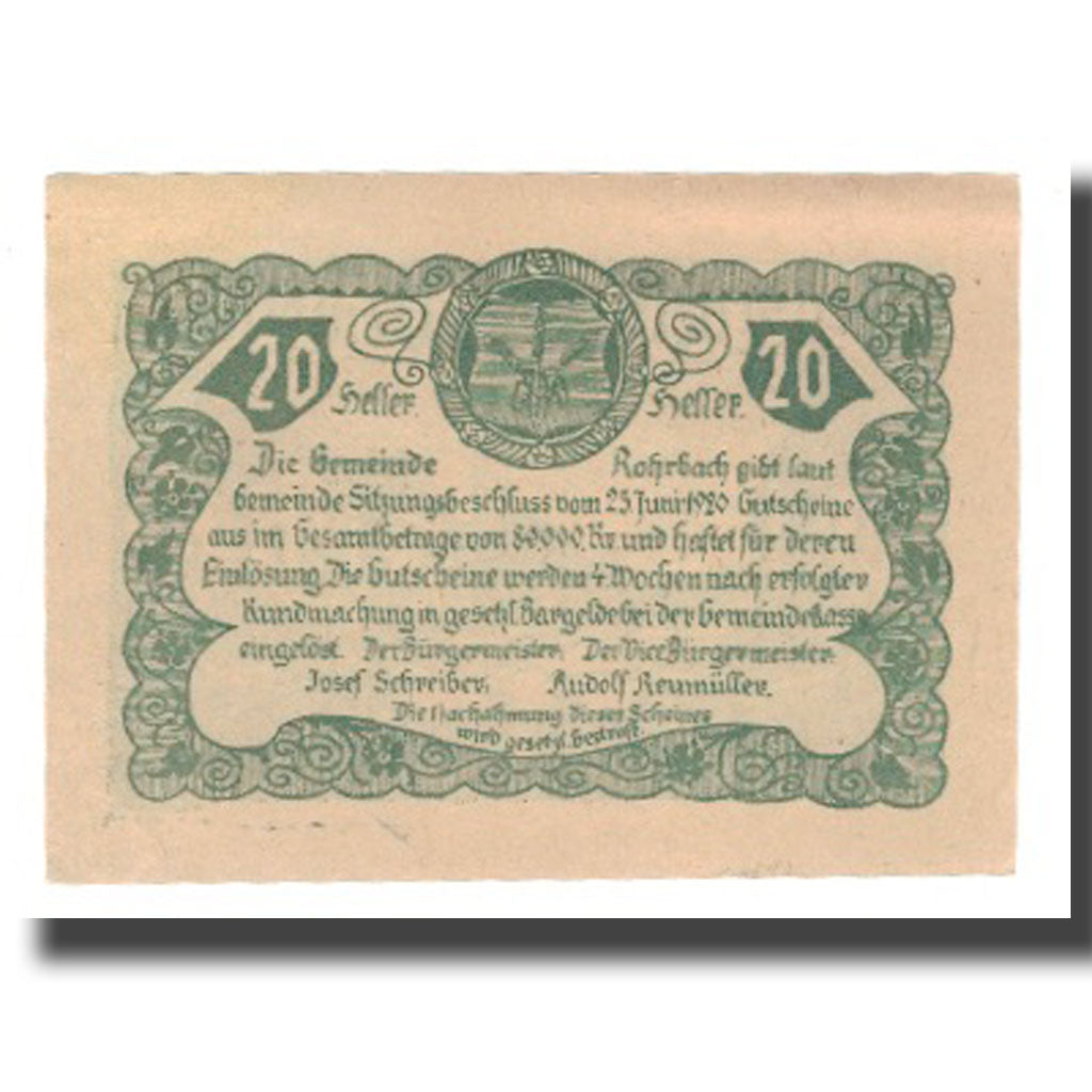 Banknot, Austria, Rohrbach O.Ö. Gemeinde, 20 Heller, Texte, 1920, Undated