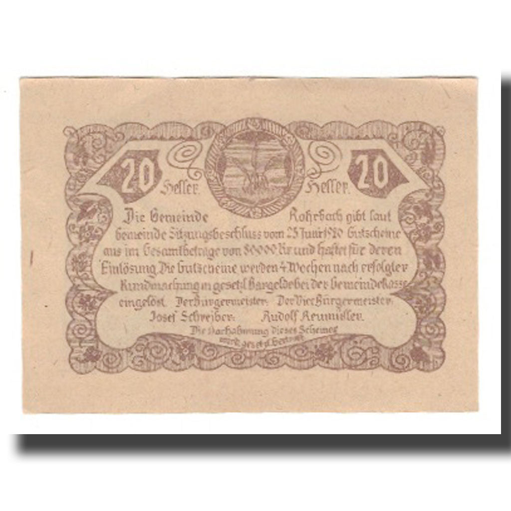 Banknot, Austria, Rohrbach O.Ö. Gemeinde, 20 Heller, texte 1, 1920, Undated
