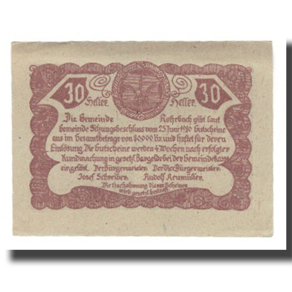 Banknot, Austria, Rohrbach O.Ö. Gemeinde, 30 Heller, Texte 2, 1920, Undated