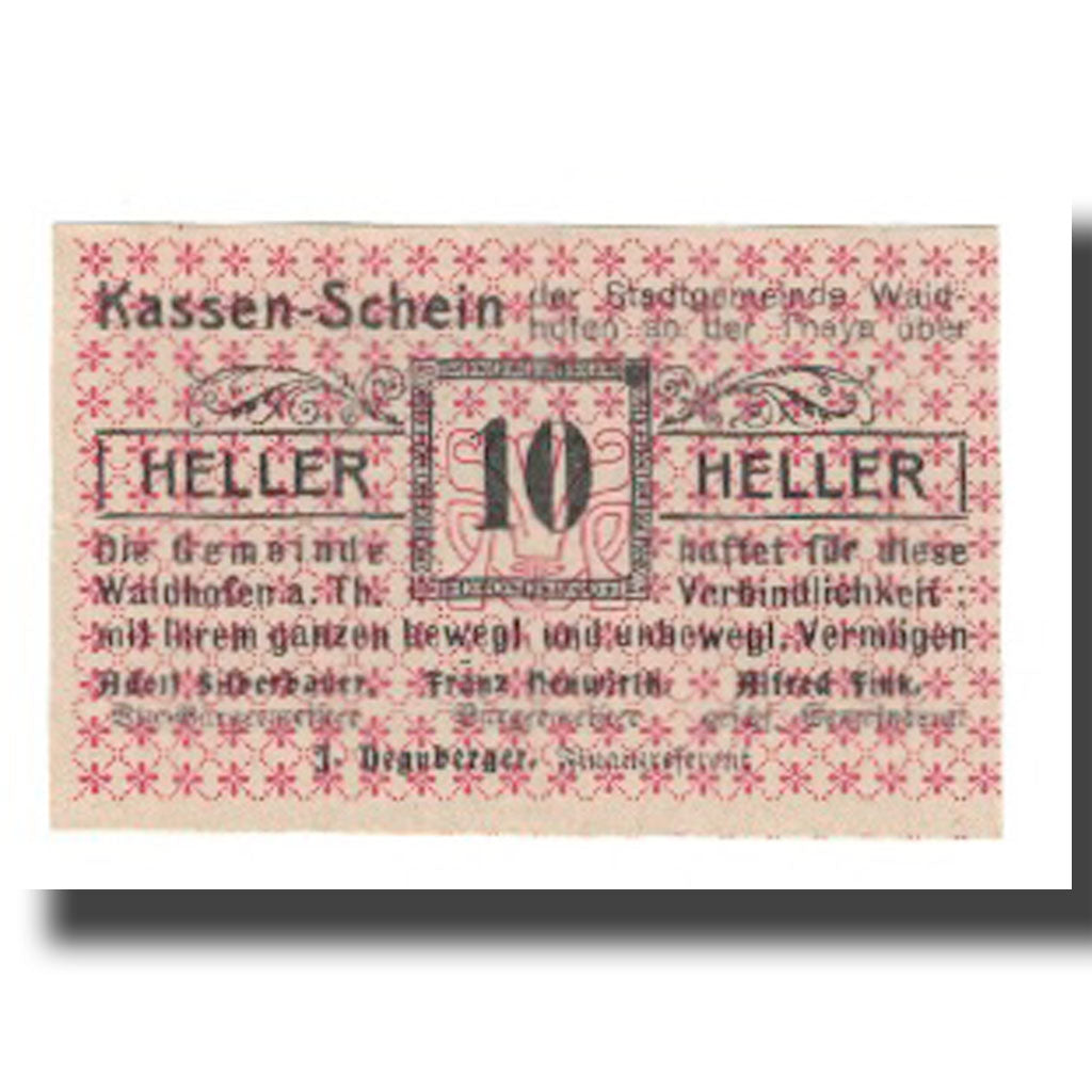 Banknot, Austria, Waidhofen An Der Thaya N.Ö. Stadtgemeinde, 10 Heller, Texte