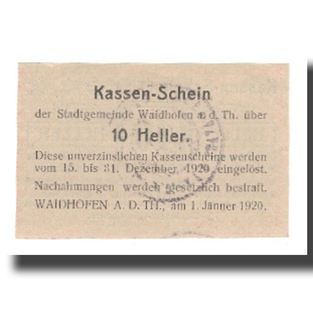 Banknot, Austria, Waidhofen An Der Thaya N.Ö. Stadtgemeinde, 10 Heller, Texte