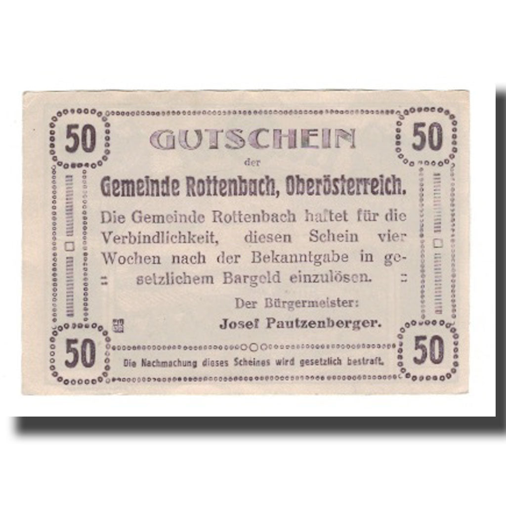 Banknot, Austria, Rottenbach O.Ö. Gemeinde, 50 Heller, Texte, Undated