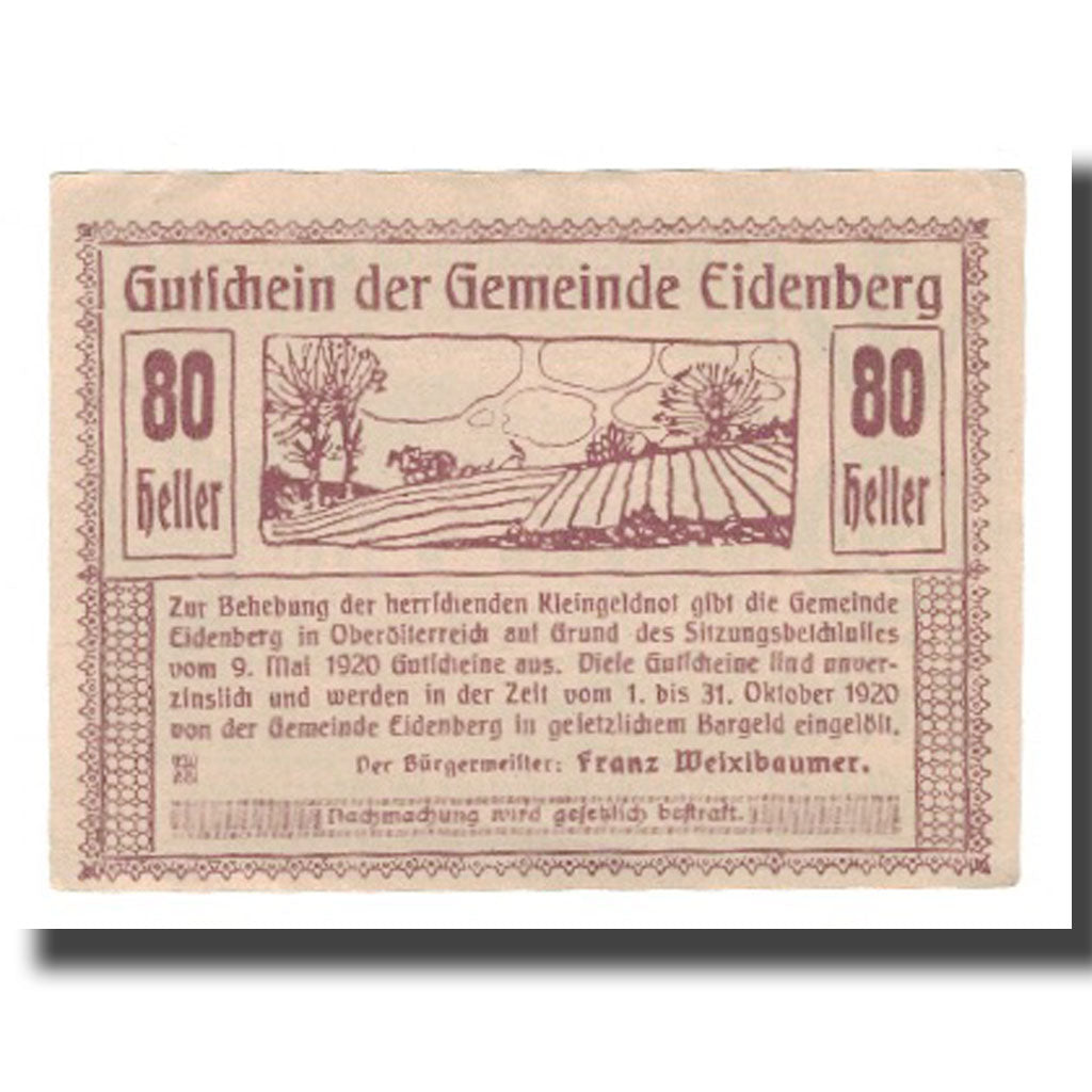 Banknot, Austria, Eidenberg O.Ö. Gemeinde, 80 Heller, paysage, 1920