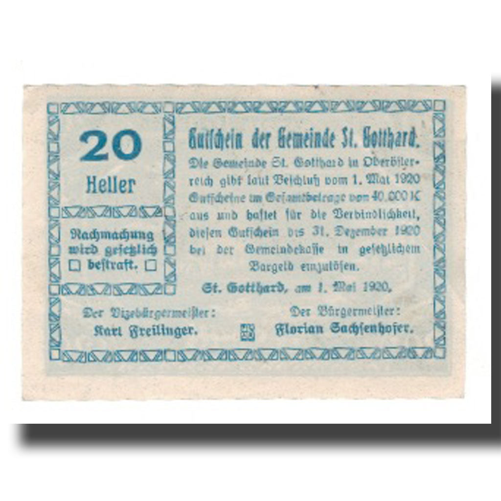 Banknot, Austria, St. Gotthard O.Ö. Gemeinde, 20 Heller, Texte, 1920