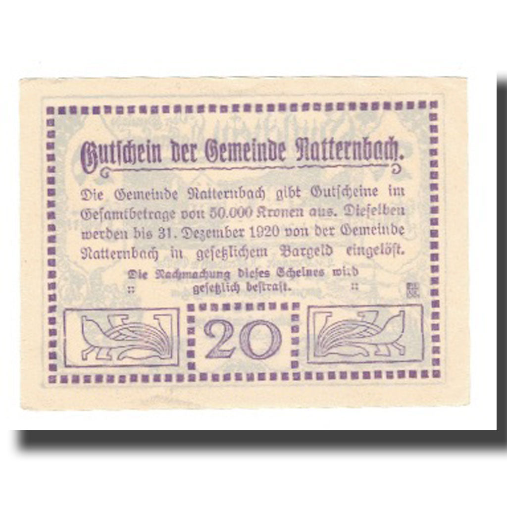 Banknot, Austria, Natternbach O.Ö. Gemeinde, 20 Heller, Texte, 1920