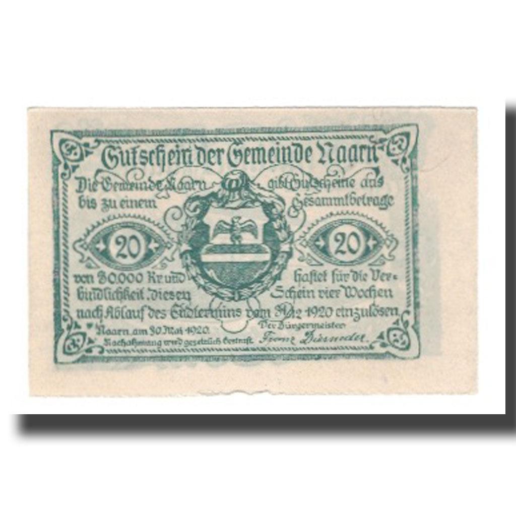 Banknot, Austria, Naarn O.Ö. Gemeinde, 20 Heller, Texte, 1920, 1920-12-31
