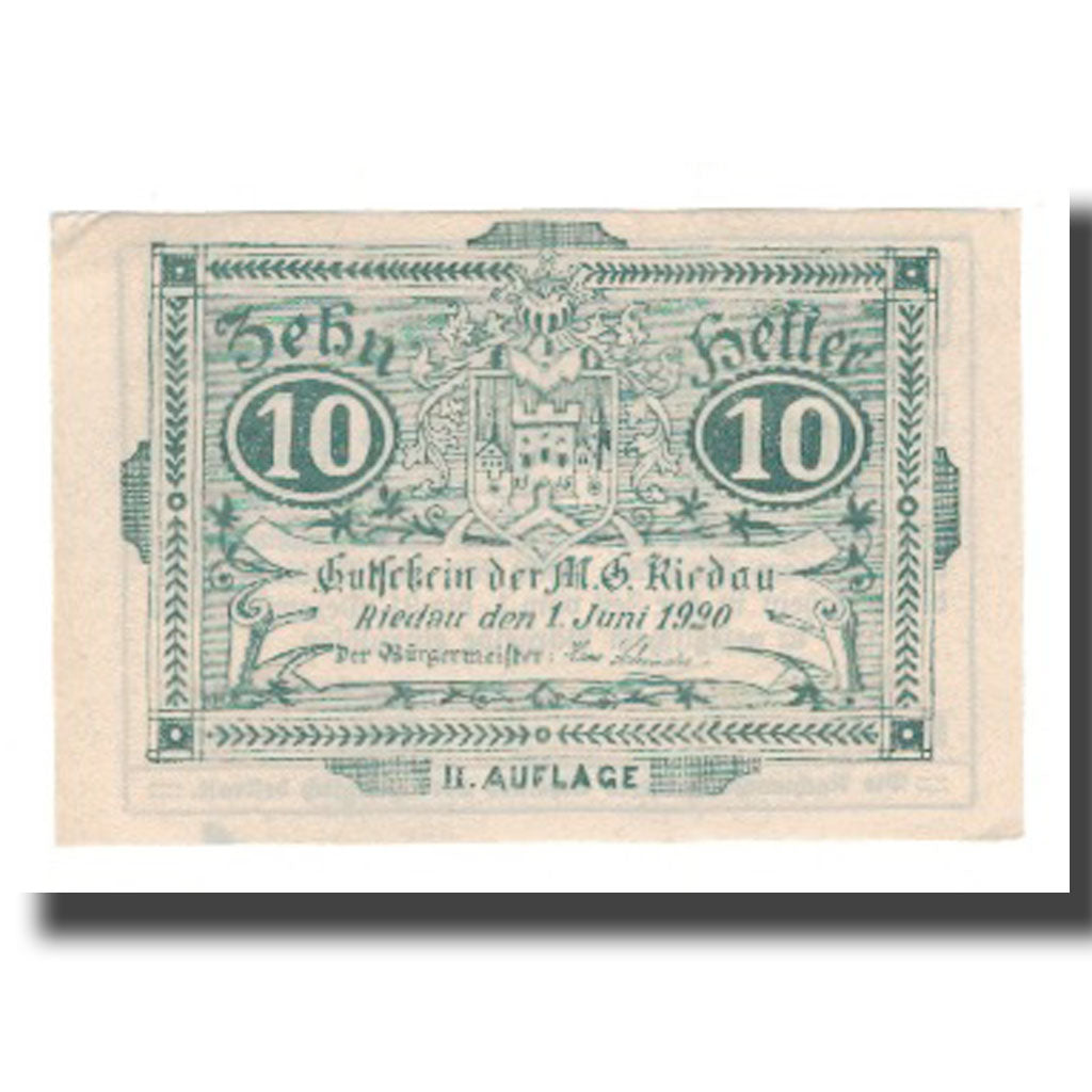 Banknot, Austria, Riedau O.Ö. Marktgemeinde, 10 Heller, Texte, 1920