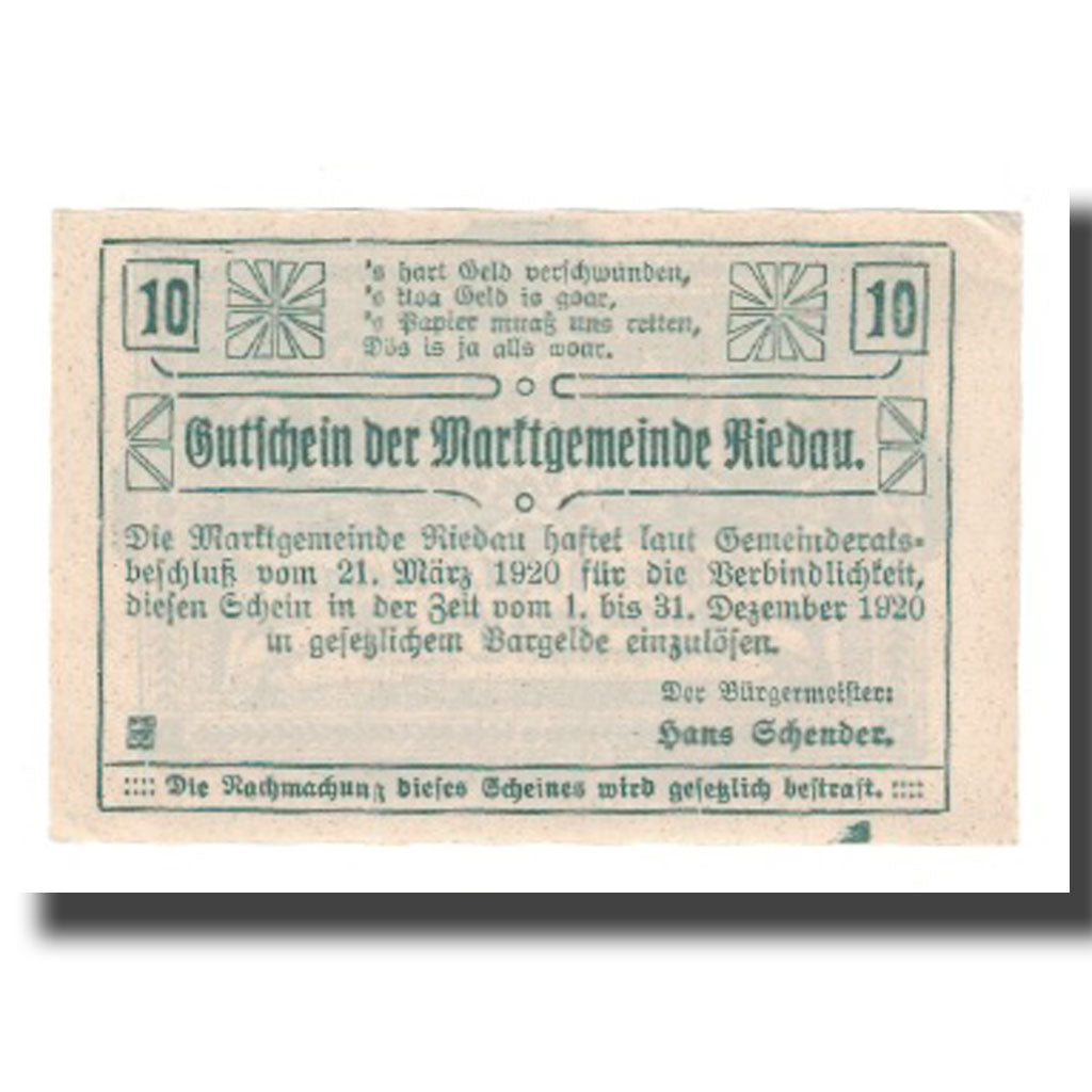 Banknot, Austria, Riedau O.Ö. Marktgemeinde, 10 Heller, Texte, 1920