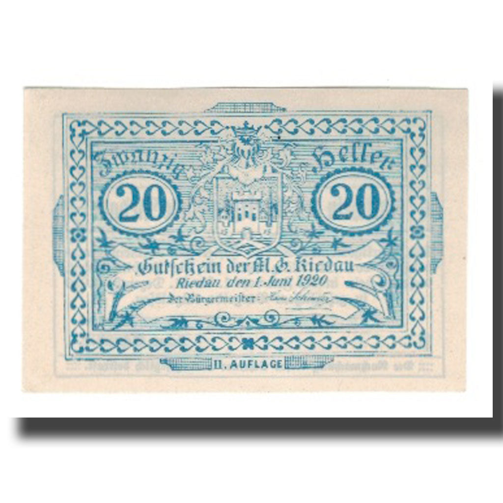 Banknot, Austria, Riedau O.Ö. Marktgemeinde, 20 Heller, texte 1, 1920