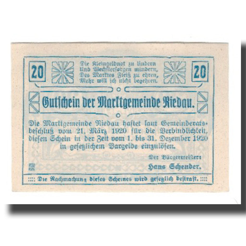 Banknot, Austria, Riedau O.Ö. Marktgemeinde, 20 Heller, texte 1, 1920