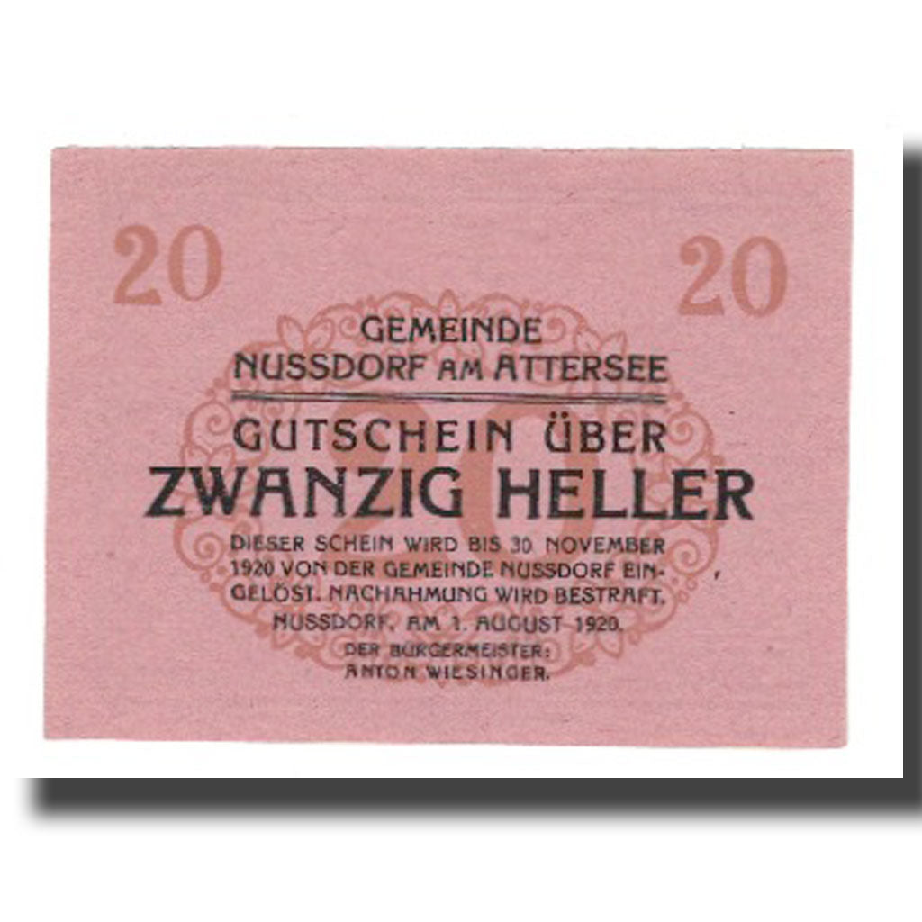 Geldschein, Österreich, Nussdorf am Attersee O.Ö. Gemeinde, 20 Heller, Eglise
