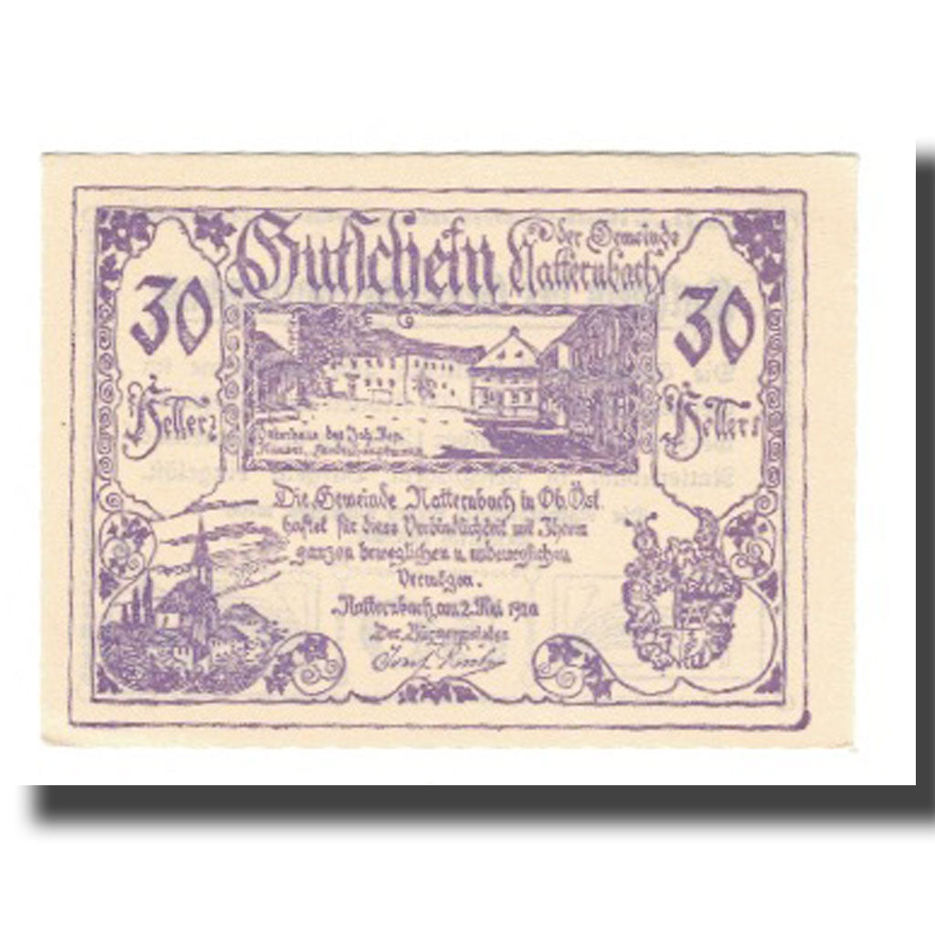 Geldschein, Österreich, Natternbach O.Ö. Gemeinde, 30 Heller, texte 1, 1920