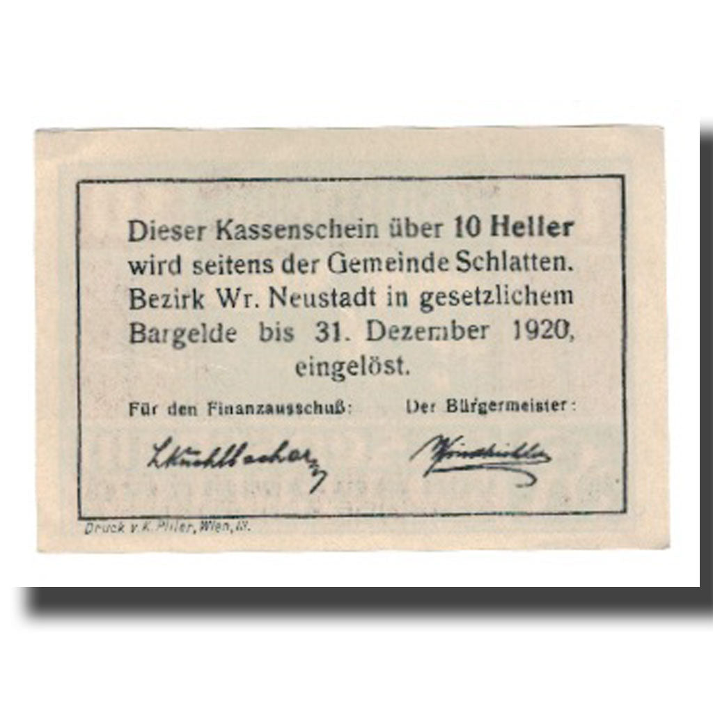 Geldschein, Österreich, Bromberg Gemeinde Schlatten N.Ö., 10 Heller, Texte