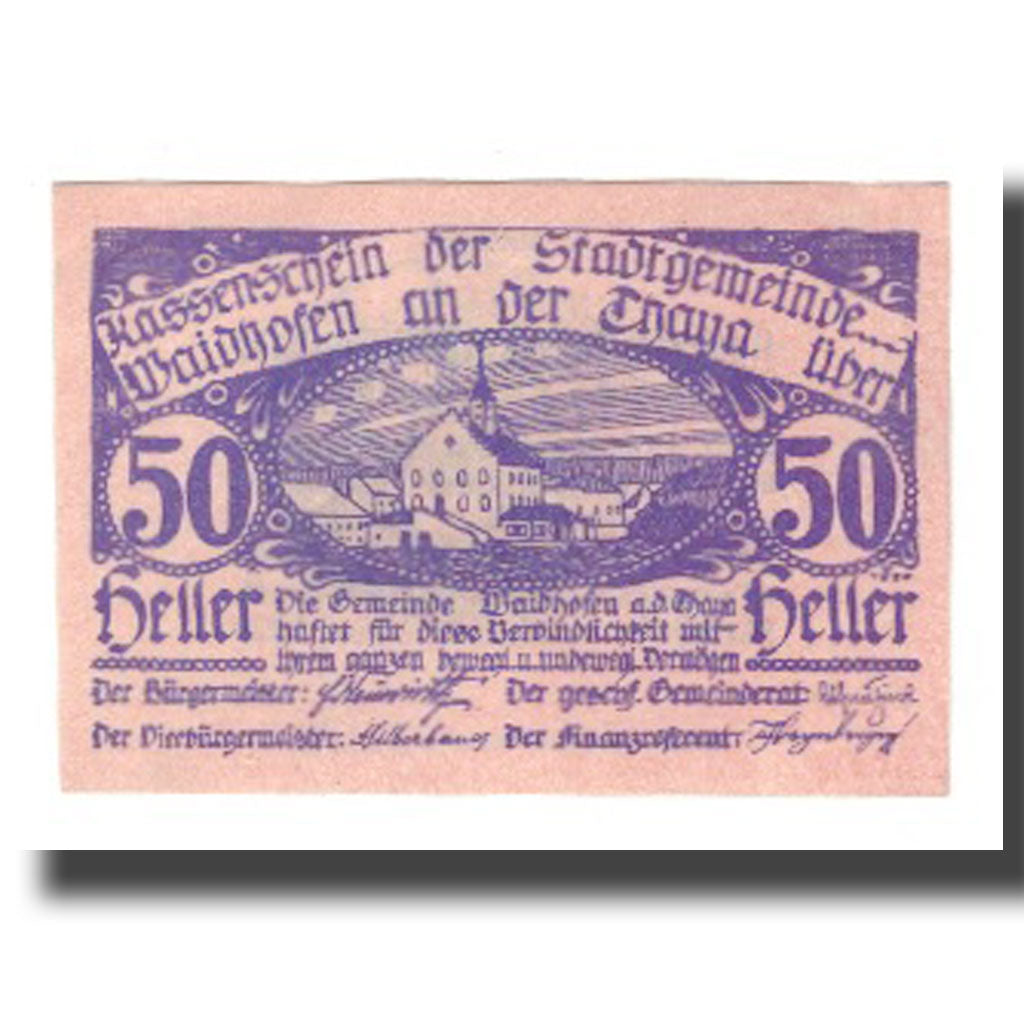 Geldschein, Österreich, Waidhofen An Der Thaya N.Ö. Stadtgemeinde, 50 Heller