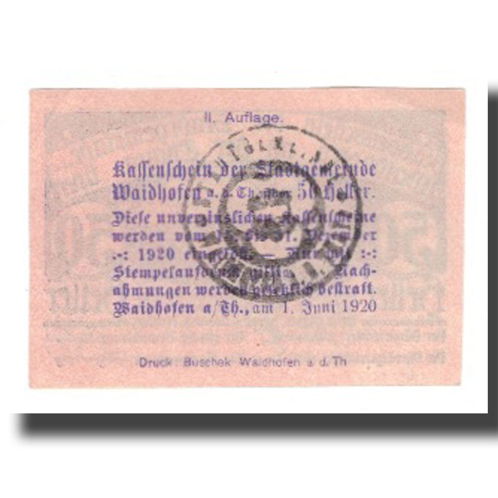 Geldschein, Österreich, Waidhofen An Der Thaya N.Ö. Stadtgemeinde, 50 Heller