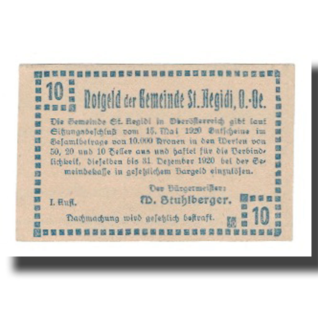 Geldschein, Österreich, St. Aegidi Gemeinde, 10 Heller, N.D, 1920, 1920-12-31