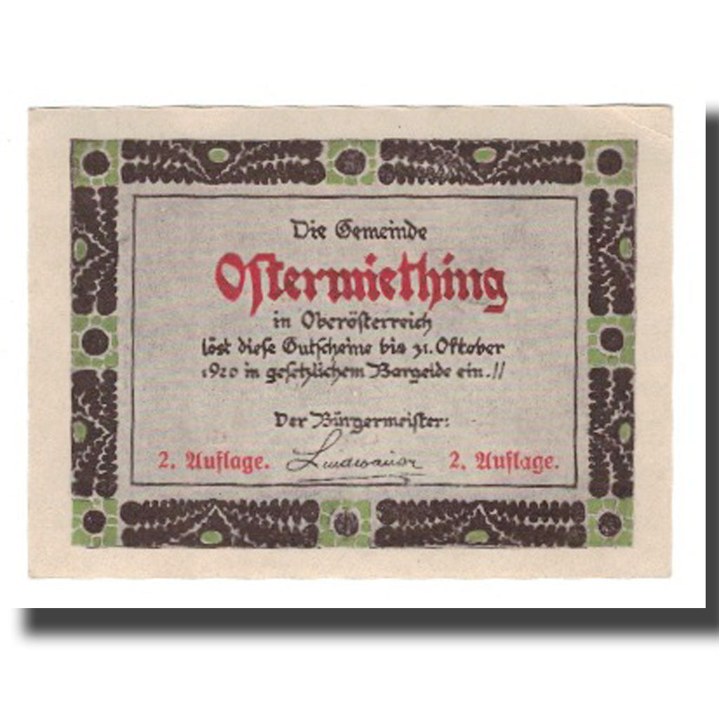 Banknote, Austria, Ostermiething O.Ö. Gemeinde, 50 Heller, paysage, 1920