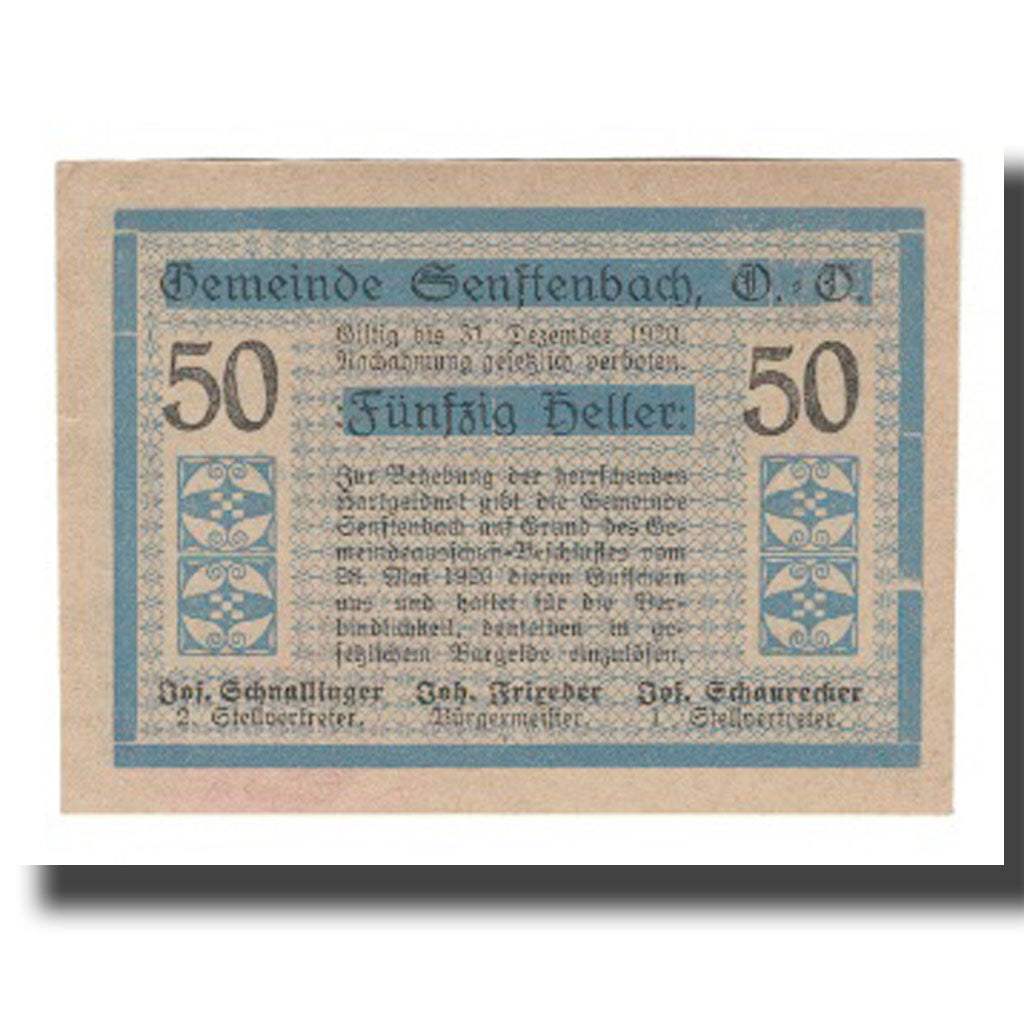 Banknote, Austria, Senftenbach O.Ö. Gemeinde, 50 Heller, Texte, 1920