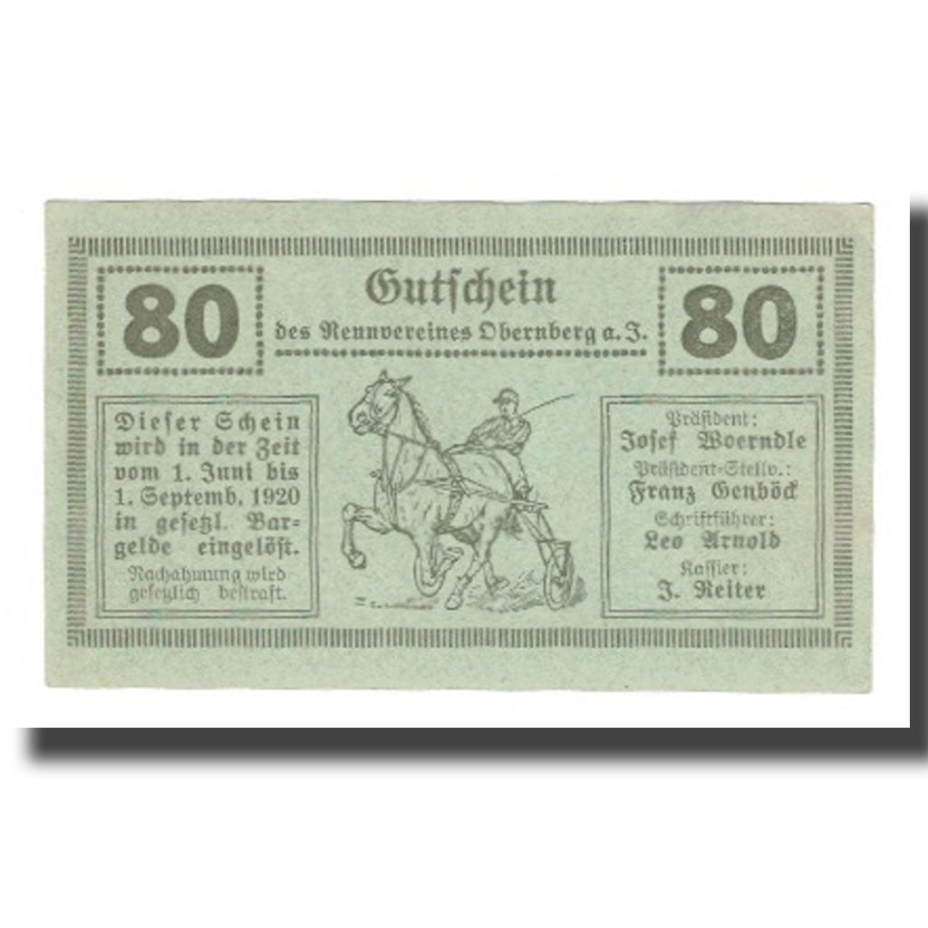 Banknote, Austria, Obernberg Am Inn, O.Ö., Prv. Rennverein, 80 Heller, paysage