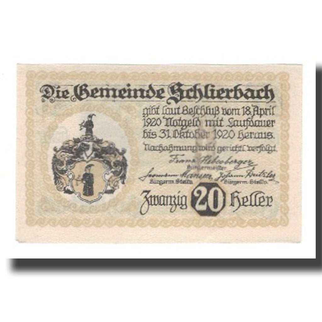Banknot, Austria, Schlierbach O.Ö. Gemeinde, 20 Heller, personnage, 1920