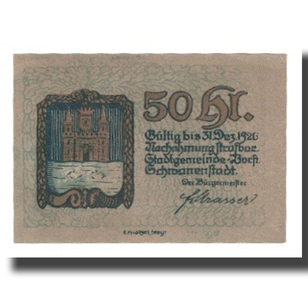 Banknot, Austria, Schwanenstadt O.Ö. Stadtgemeinde, 50 Heller, Batiment, 1920
