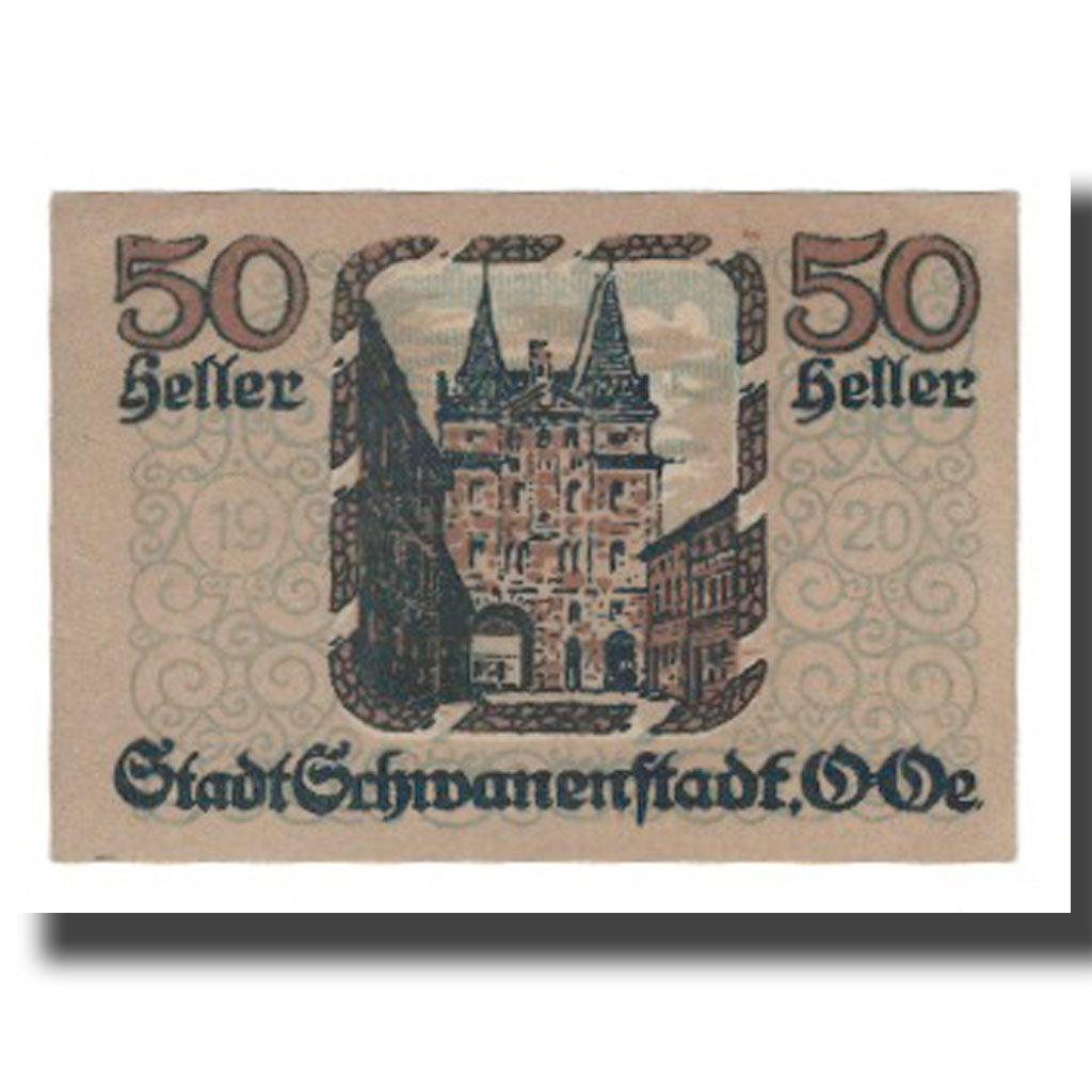 Banknot, Austria, Schwanenstadt O.Ö. Stadtgemeinde, 50 Heller, Batiment, 1920