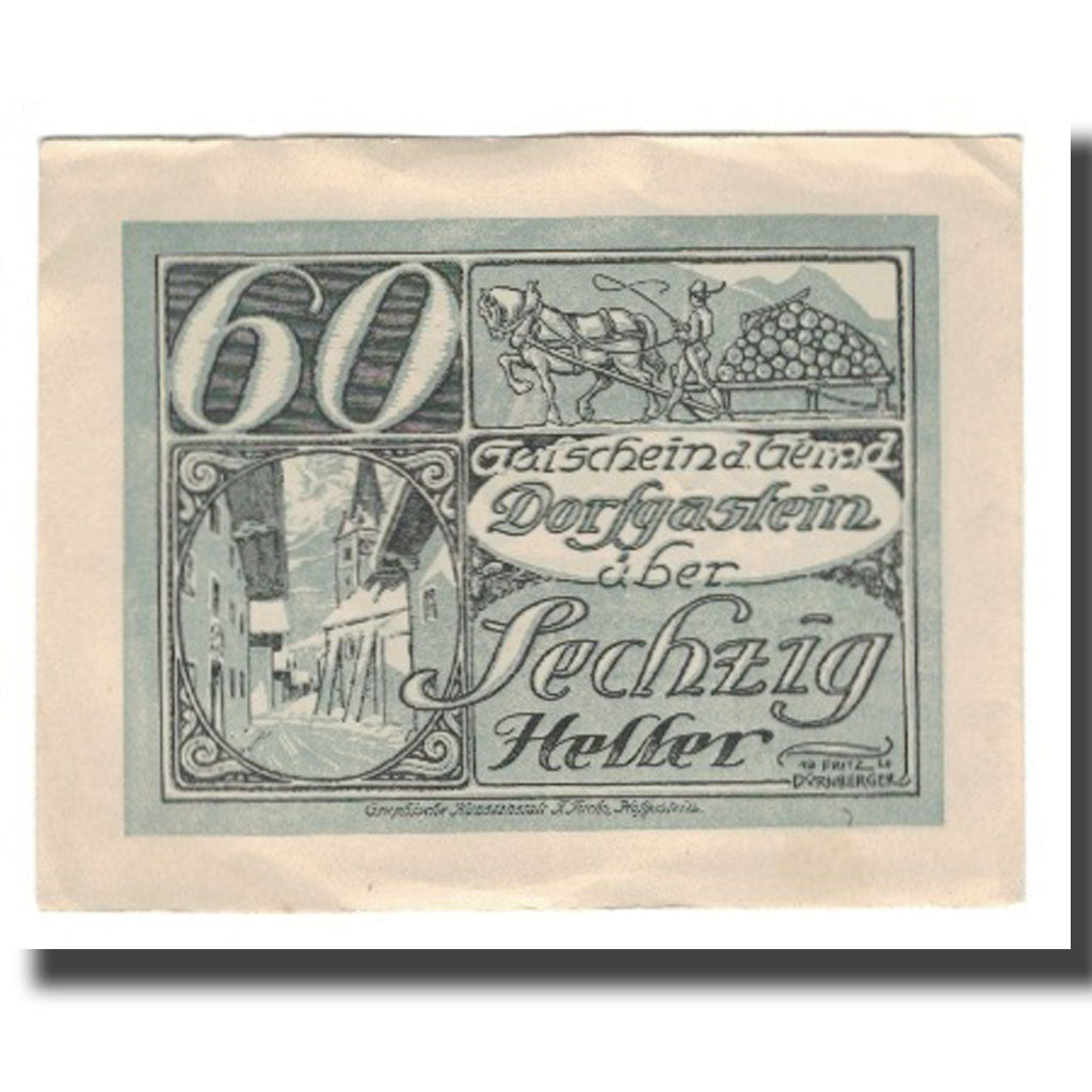 Geldschein, Österreich, Dorfgastein Sbg. Gemeinde, 60 Heller, Texte, 1920
