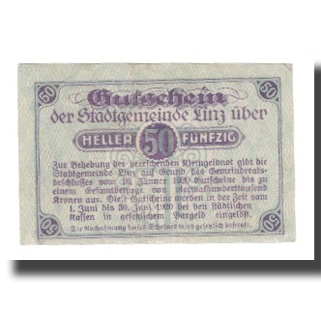 Banknot, Austria, Linz O.Ö. Stadtgemeinde, 50 Heller, Texte, 1920, 1920-06-30
