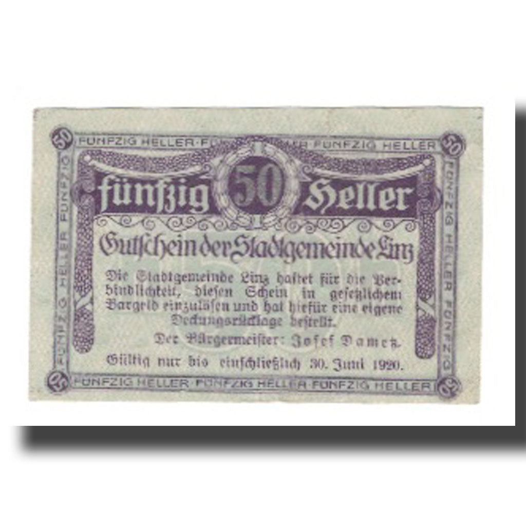 Banknot, Austria, Linz O.Ö. Stadtgemeinde, 50 Heller, Texte, 1920, 1920-06-30