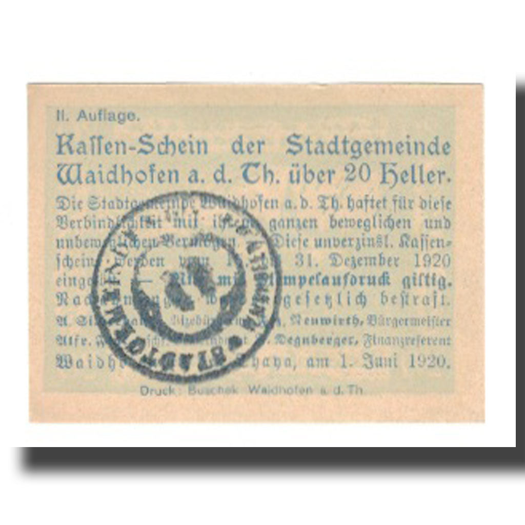 Banknot, Austria, Waidhofen An Der Thaya N.Ö. Stadtgemeinde, 20 Heller, Texte