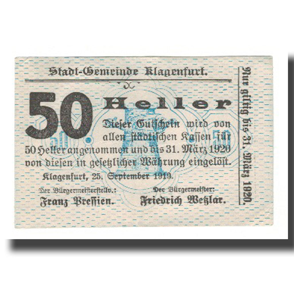 Banknote, Austria, Klagenfurt Kärnten Stadtgemeinde, 50 Heller, N.D, 1920
