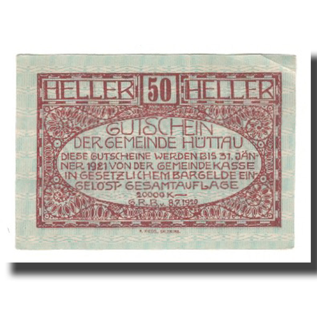 Banknot, Austria, Hüttau Sbg. Gemeinde, 50 Heller, Texte, 1921, 1921-01-31