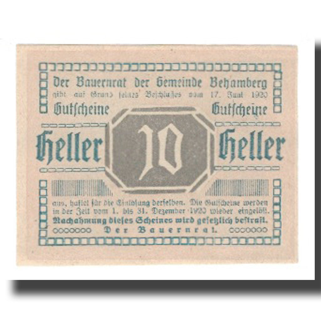 Banknot, Austria, Behamberg Prv: Bauernrat Der Gemeinde Behamberg, 10 Heller