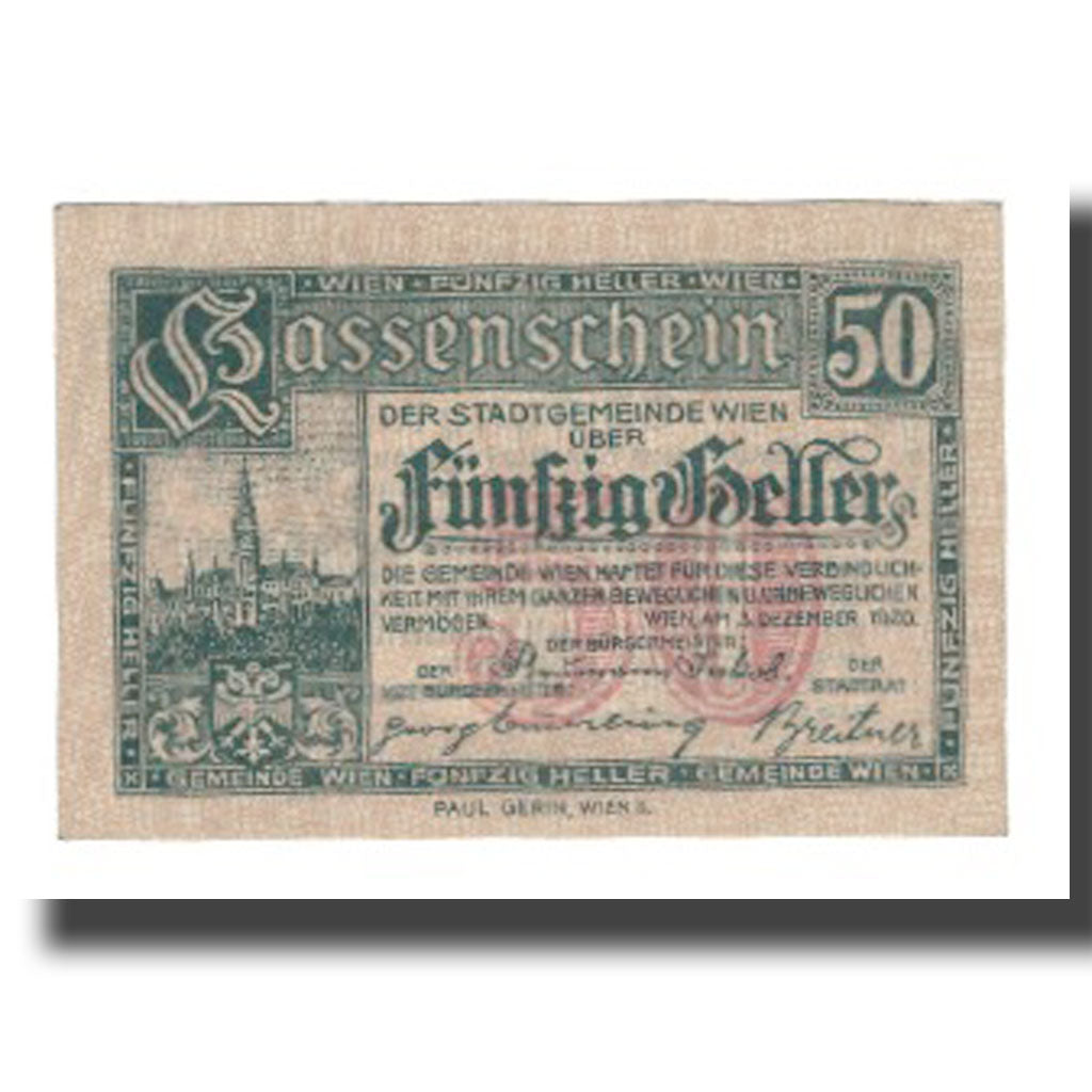 Banconote, Austria, Wien N.Ö. Stadtgemeinde, 50 Heller, Texte, 1919