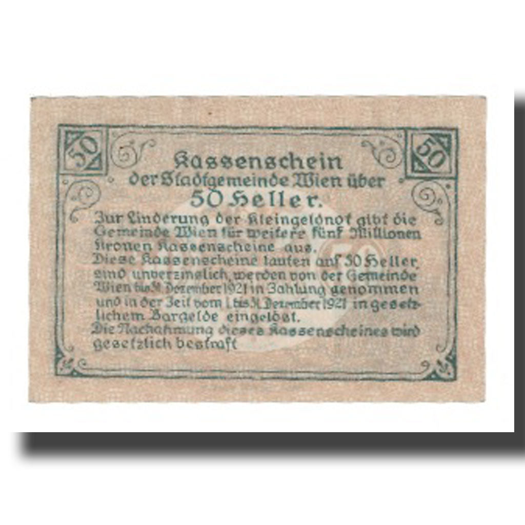 Banconote, Austria, Wien N.Ö. Stadtgemeinde, 50 Heller, Texte, 1919