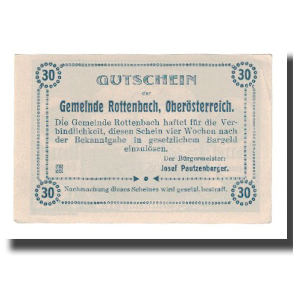 Banknote, Austria, Rottenbach O.Ö. Gemeinde, 30 Heller, Texte, AU(55-58)