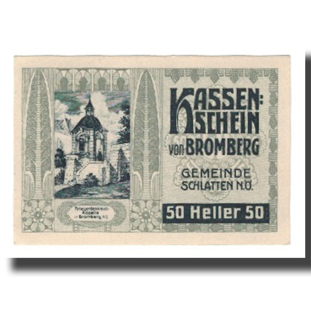 Banconote, Austria, Bromberg Gemeinde Schlatten N.Ö., 50 Heller, Texte, 1920